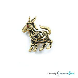 Vintage Red Eye Donkey Gold Tone Brooch